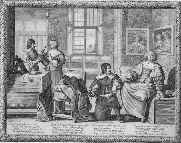 black and white painting of an individuals standing or sitting around a room