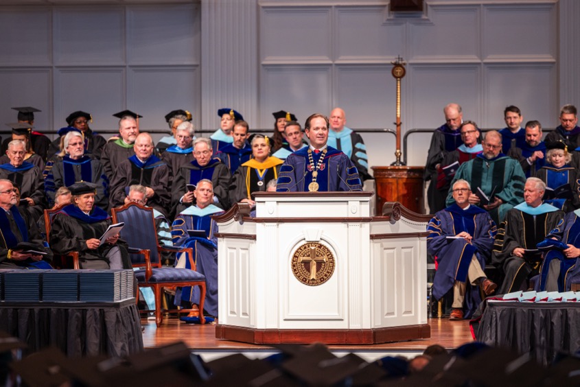 Dallas, Texas: DBU president, Dr. Adam Wright, speaking at the spring commencement service